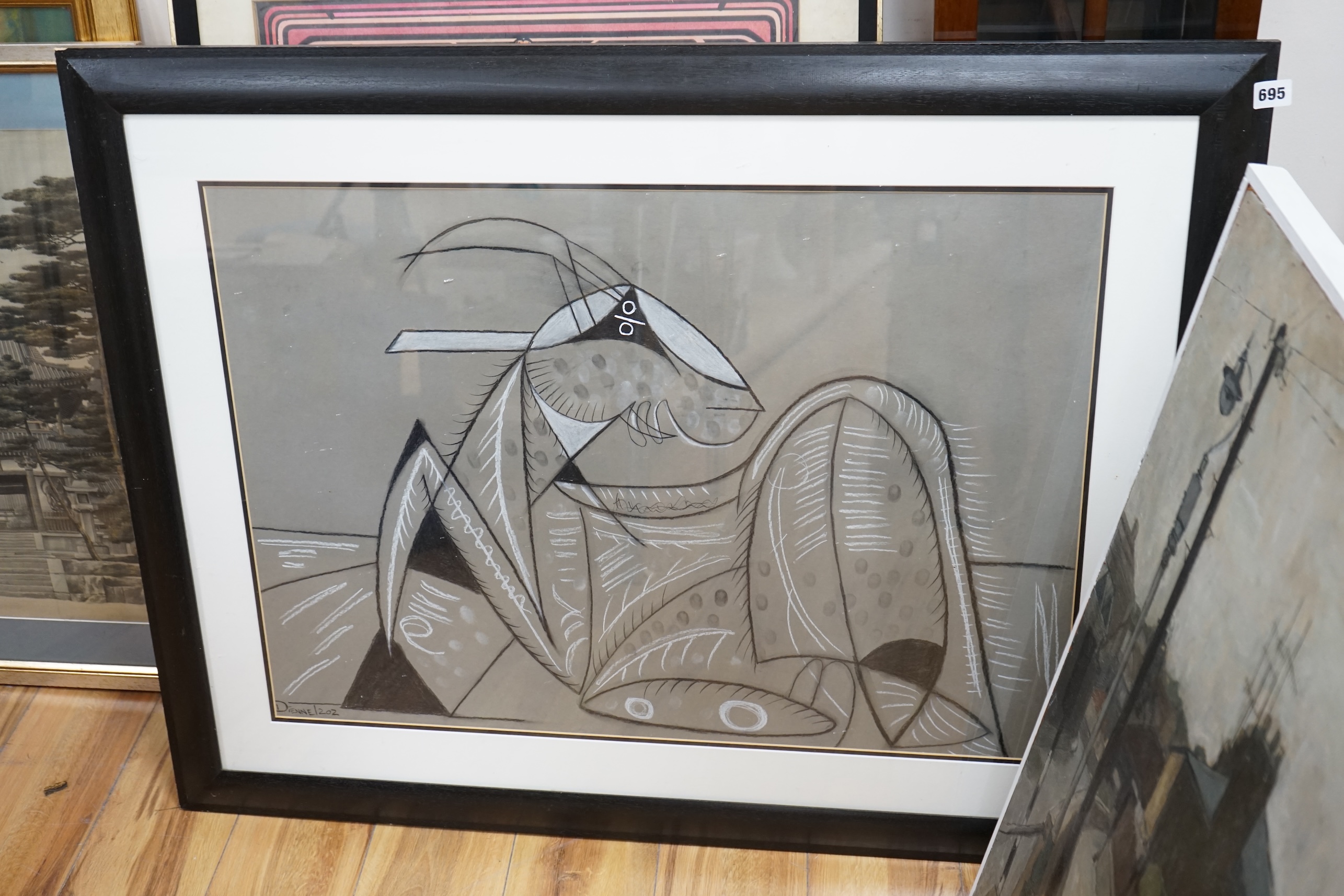 Diennet, charcoal and chalk, Cubist study of a gazelle, signed and numbered 202, 58 x 82cm. Condition - fair to good